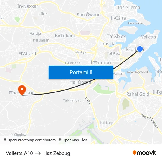 Valletta A10 to Haz Zebbug map