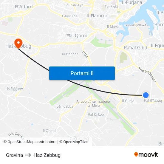 Gravina to Haz Zebbug map