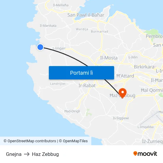 Gnejna to Haz Zebbug map