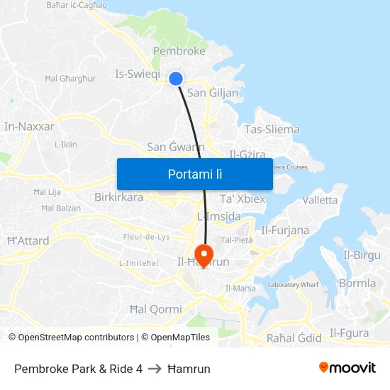 Pembroke Park & Ride 4 to Ħamrun map