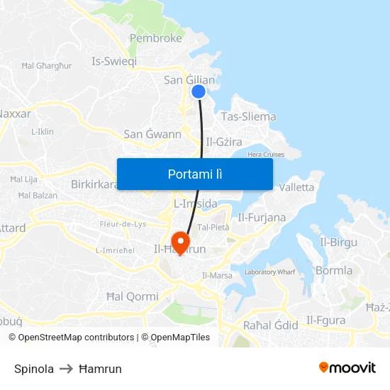 Spinola to Ħamrun map