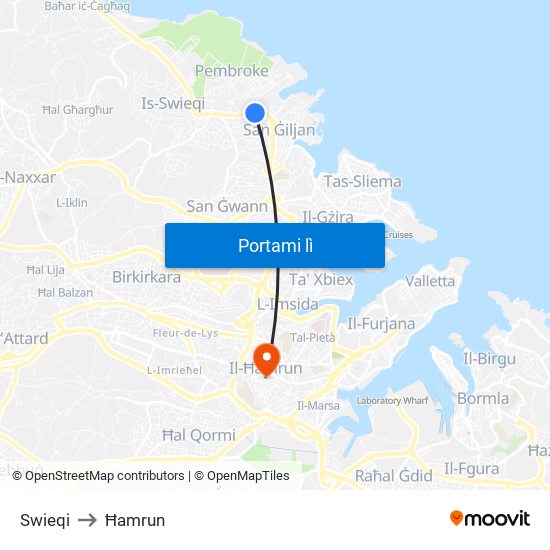 Swieqi to Ħamrun map