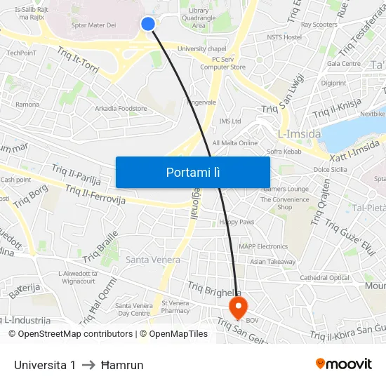 Universita 1 to Ħamrun map