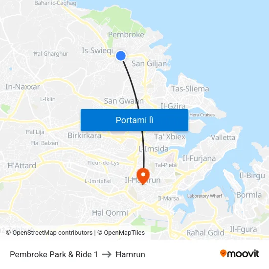 Pembroke Park & Ride 1 to Ħamrun map