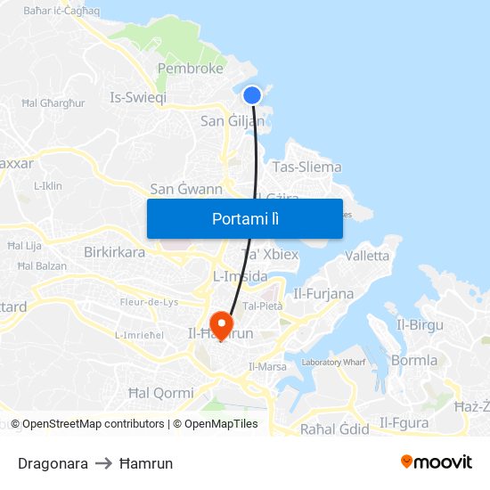 Dragonara to Ħamrun map
