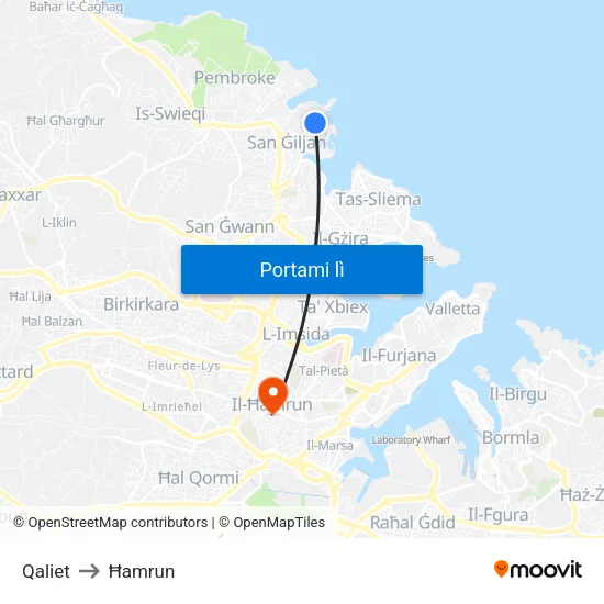 Qaliet to Ħamrun map