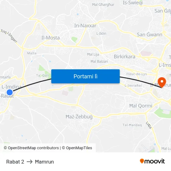 Rabat 2 to Ħamrun map