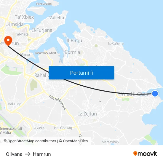 Olivana to Ħamrun map