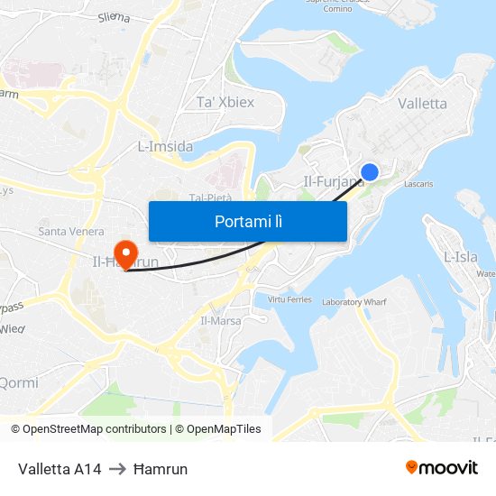 Valletta A14 to Ħamrun map