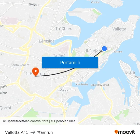 Valletta A15 to Ħamrun map