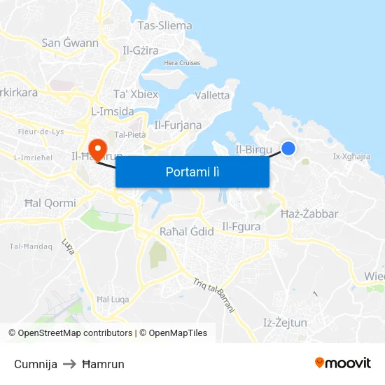 Cumnija to Ħamrun map
