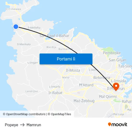 Popeye to Ħamrun map