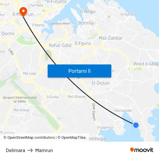 Delimara to Ħamrun map