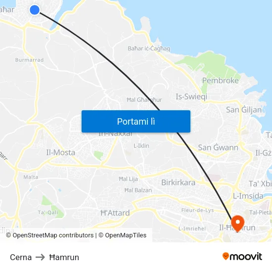 Cerna to Ħamrun map