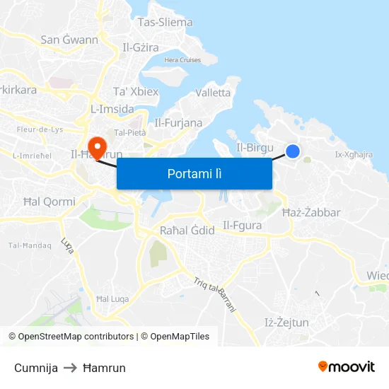 Cumnija to Ħamrun map