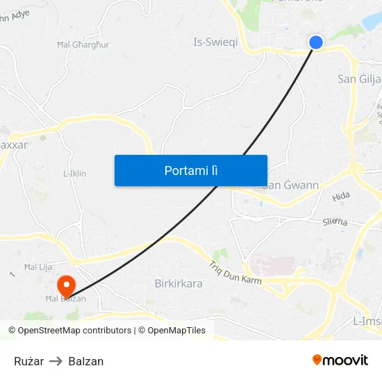 Rużar to Balzan map