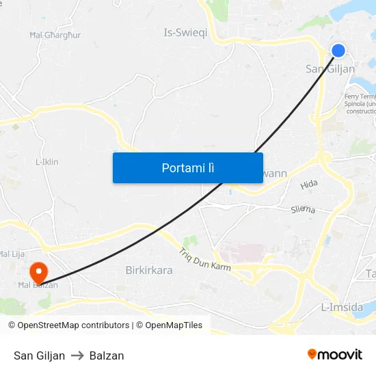 San Giljan to Balzan map