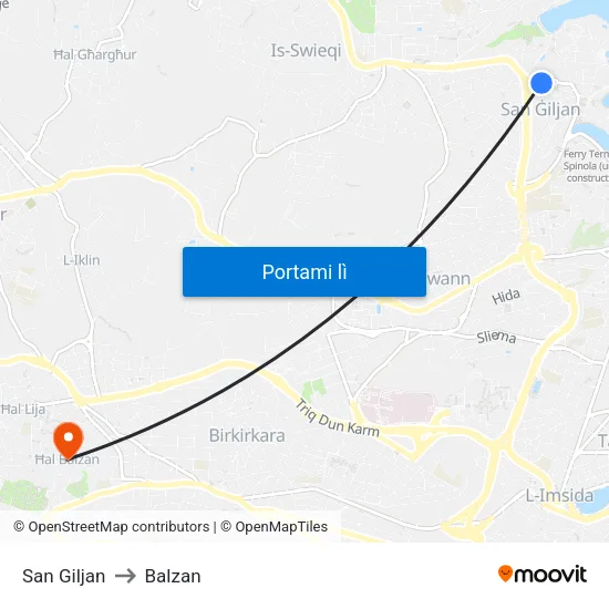 San Giljan to Balzan map