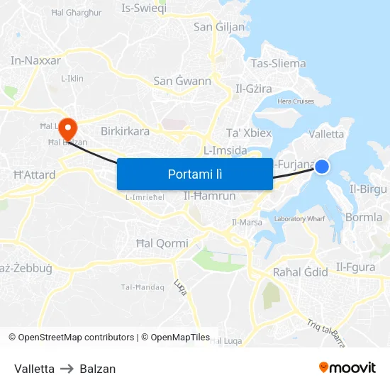 Valletta to Balzan map