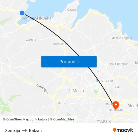 Xemxija to Balzan map