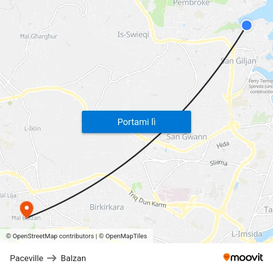 Paceville to Balzan map