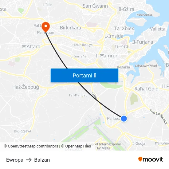 Ewropa to Balzan map