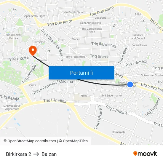 Birkirkara 2 to Balzan map