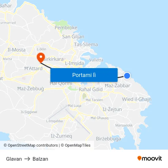 Glavan to Balzan map