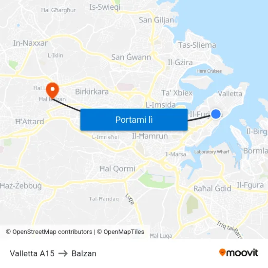 Valletta A15 to Balzan map