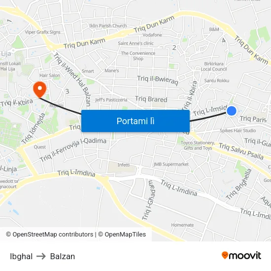 Ibghal to Balzan map