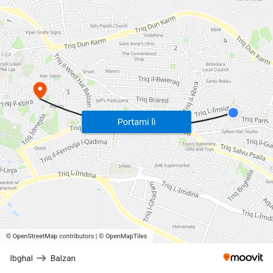 Ibghal to Balzan map