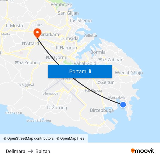 Delimara to Balzan map