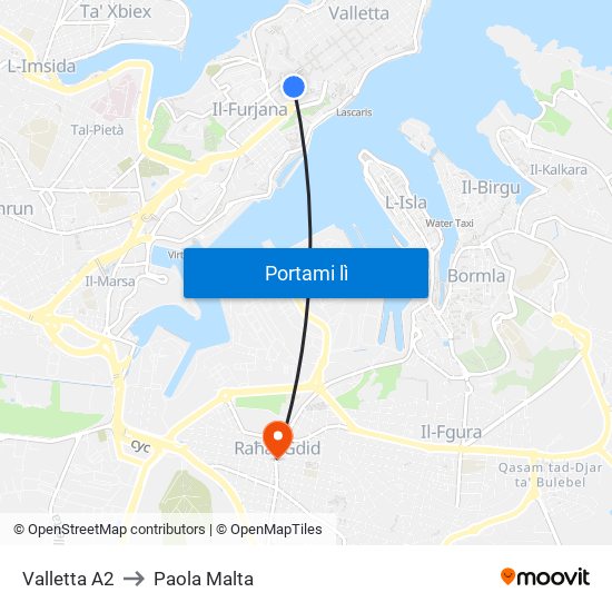Valletta A2 to Paola Malta map