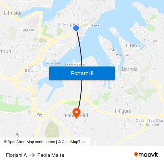 Floriani A to Paola Malta map
