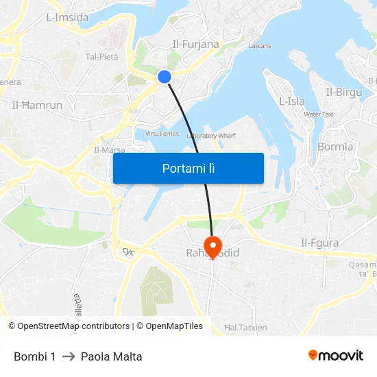 Bombi 1 to Paola Malta map