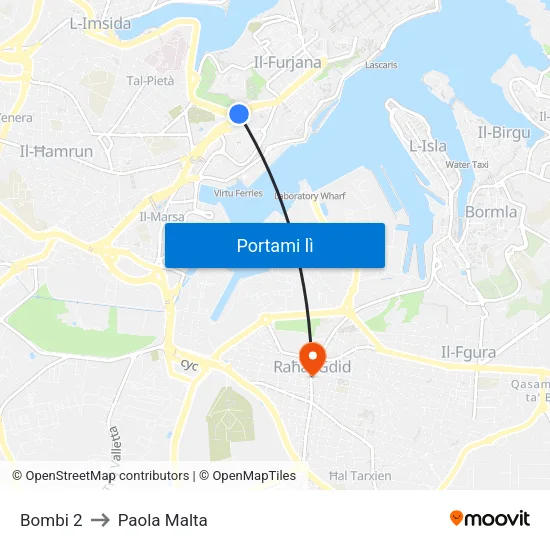 Bombi 2 to Paola Malta map