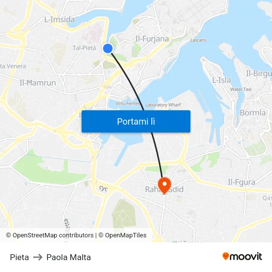 Pieta to Paola Malta map