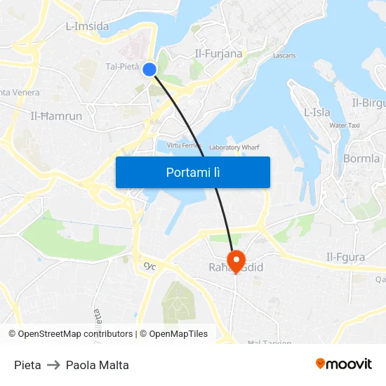 Pieta to Paola Malta map