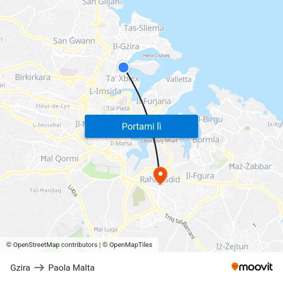 Gzira to Paola Malta map