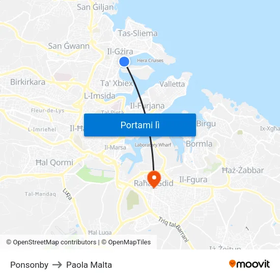 Ponsonby to Paola Malta map