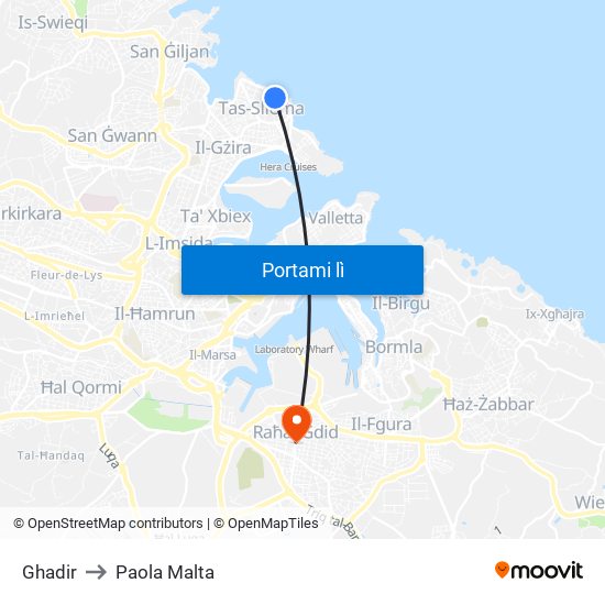 Ghadir to Paola Malta map