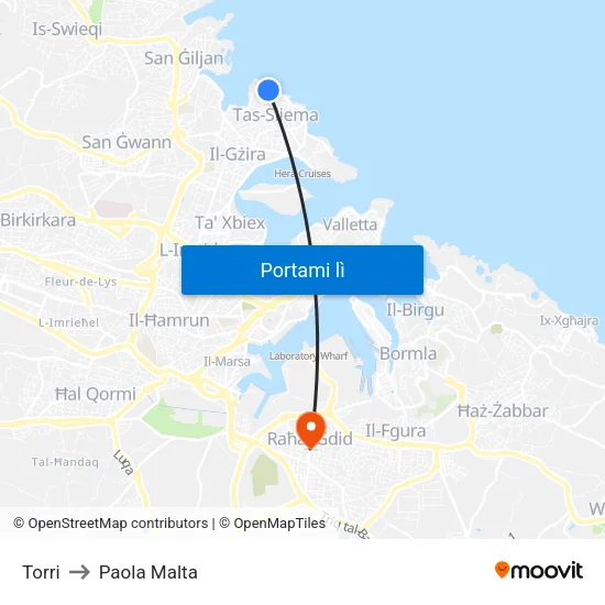 Torri to Paola Malta map