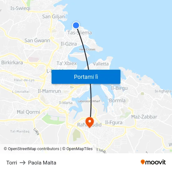 Torri to Paola Malta map