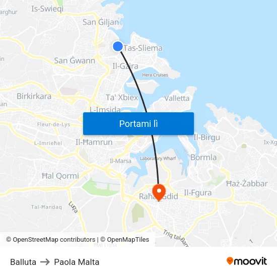 Balluta to Paola Malta map