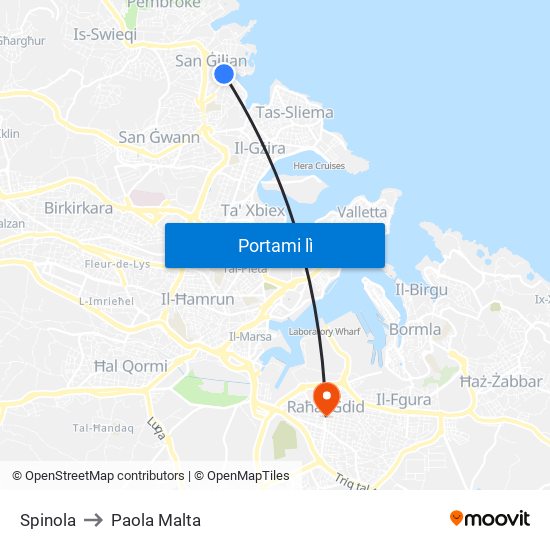 Spinola to Paola Malta map