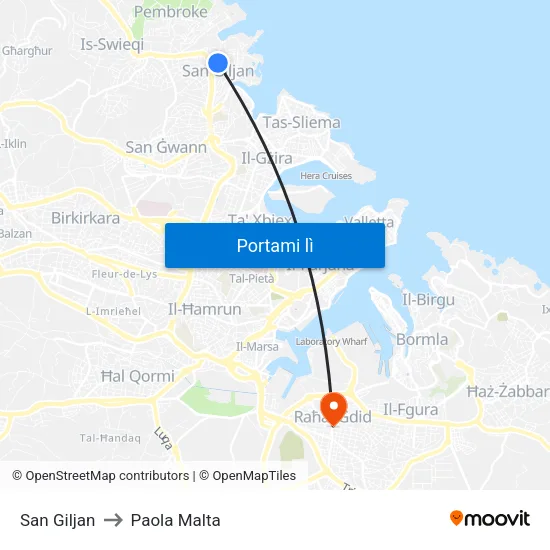 San Giljan to Paola Malta map