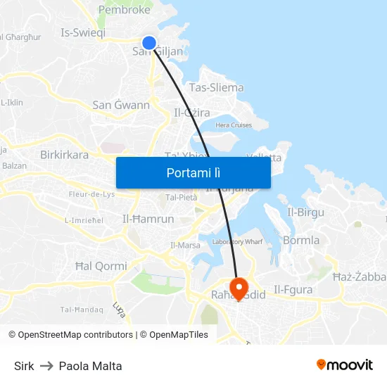 Sirk to Paola Malta map