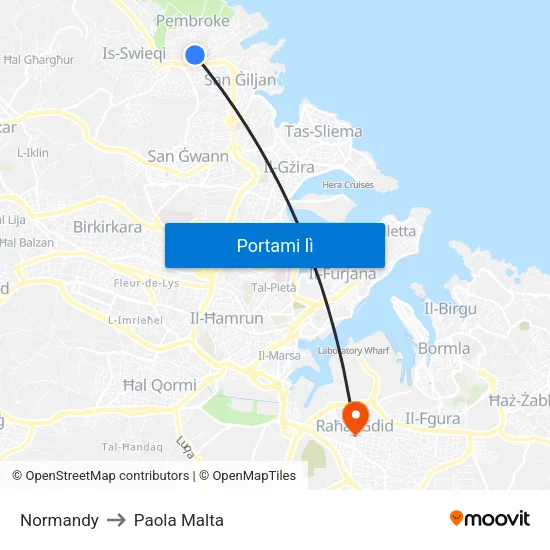 Normandy to Paola Malta map