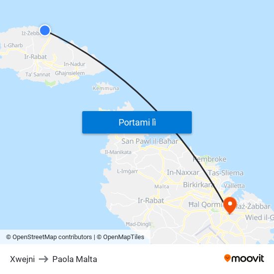 Xwejni to Paola Malta map