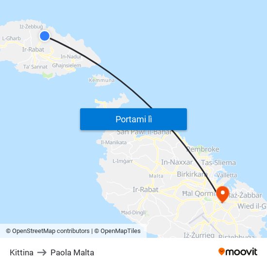 Kittina to Paola Malta map